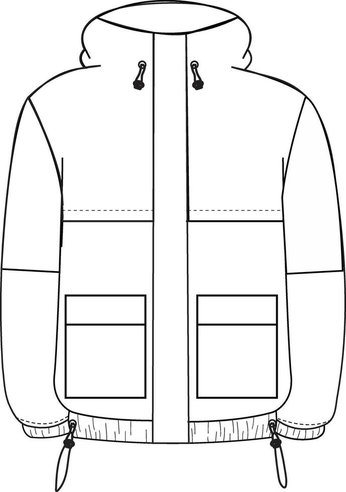 Long jacket technical drawing with zipper closure, tailored fit, and functional details flat vector