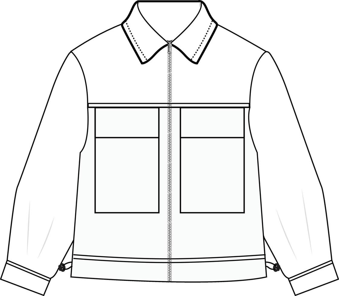 Long jacket with drawstring technical drawing with zipper closure, tailored fit, and functional details vector