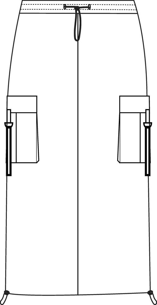 Long cargo skirt technical drawing with zipper, pockets, utility style, and structured fit vector