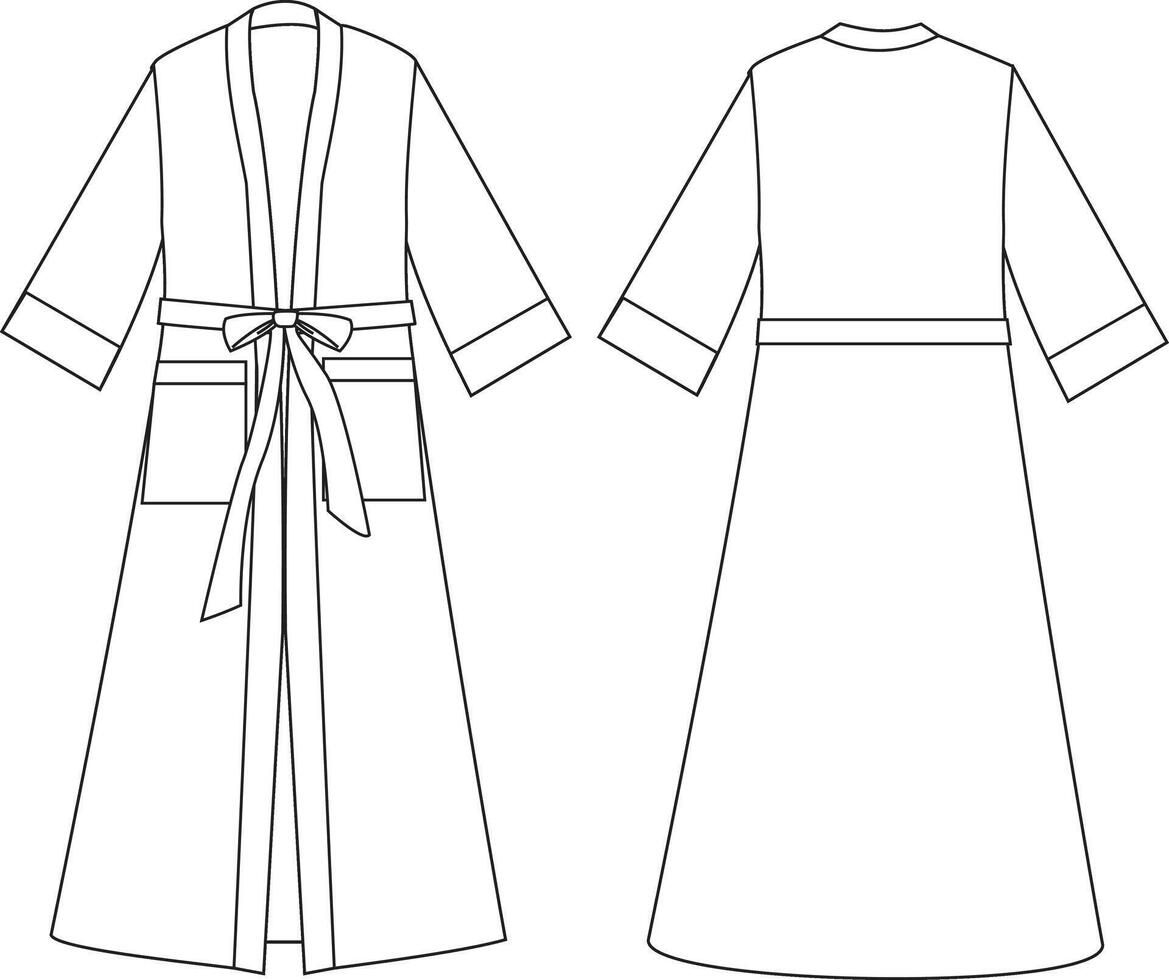 This outerwear cardigan with pocket and robe technical drawing showcases detailed elements, including the pocket design, robe-style belt, and cardigan silhouette. Ideal for fashion designers and garme vector