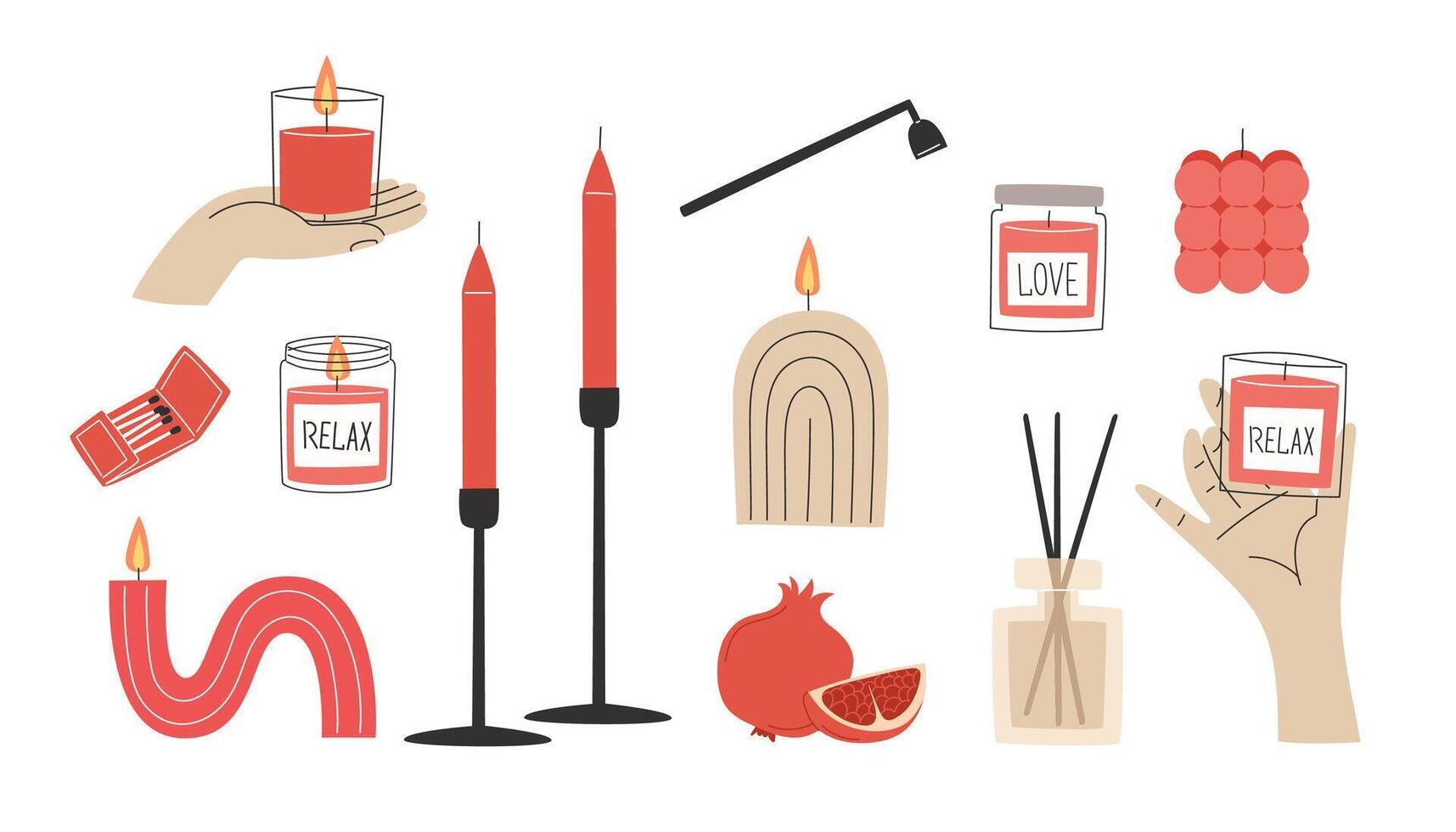 Set of relaxation candles with pomegranate, accompanied by a fragrance oil reed diffuser vector