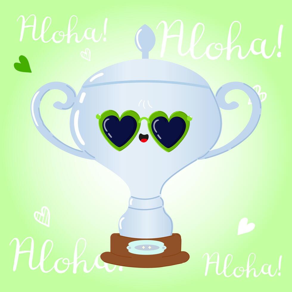 Cute cartoon Silver trophy cup wearing heart-shaped sunglasses on a light background. hand drawn cartoon kawaii character illustration. Silver trophy cup character concept. Aloha card vector