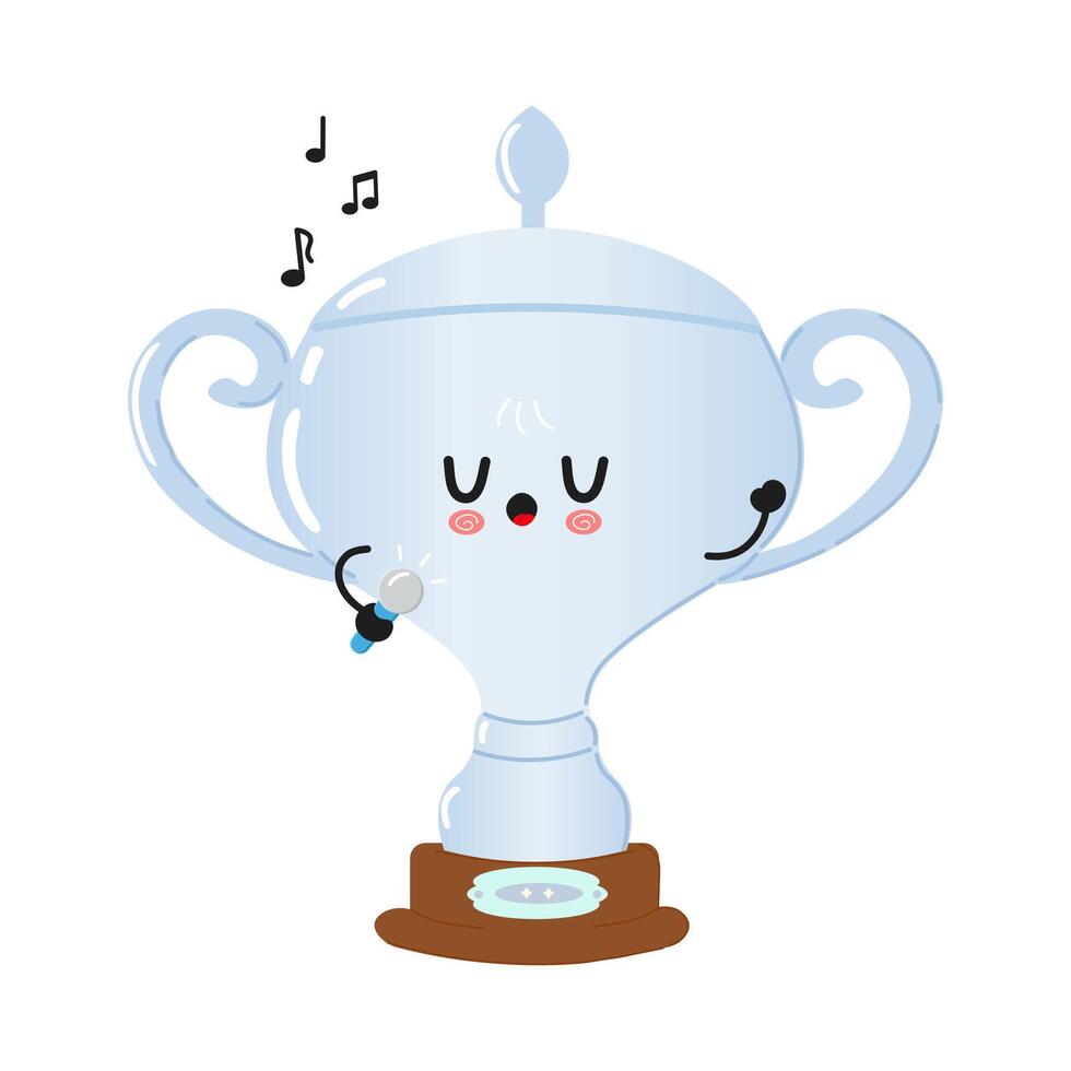 Cute Silver trophy cup character singing into a microphone character. hand drawn cartoon kawaii character illustration icon. Isolated on white background. Silver trophy cup character concept vector