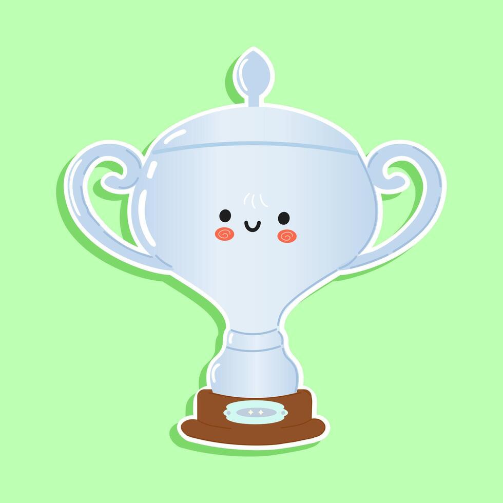 Sticker Silver trophy cup character. hand drawn cartoon kawaii character illustration icon. Isolated on green background. Silver trophy cup character concept vector