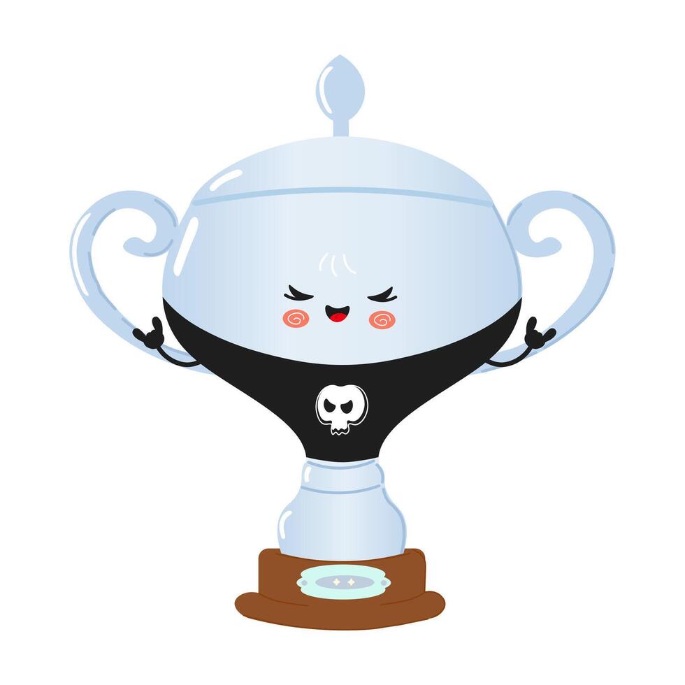 Cute cartoon Silver trophy cup character with a skull shirt and playful pose. hand drawn cartoon kawaii character illustration icon. Isolated on white background. Silver trophy cup heavy metal vector
