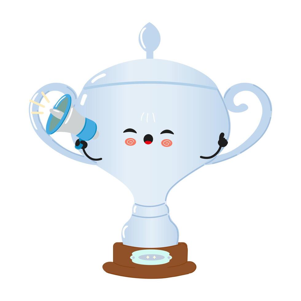 Cheerful Silver trophy cup character holding a megaphone. hand drawn cartoon kawaii character illustration icon. Isolated on white background. Silver trophy cup screams character concept vector
