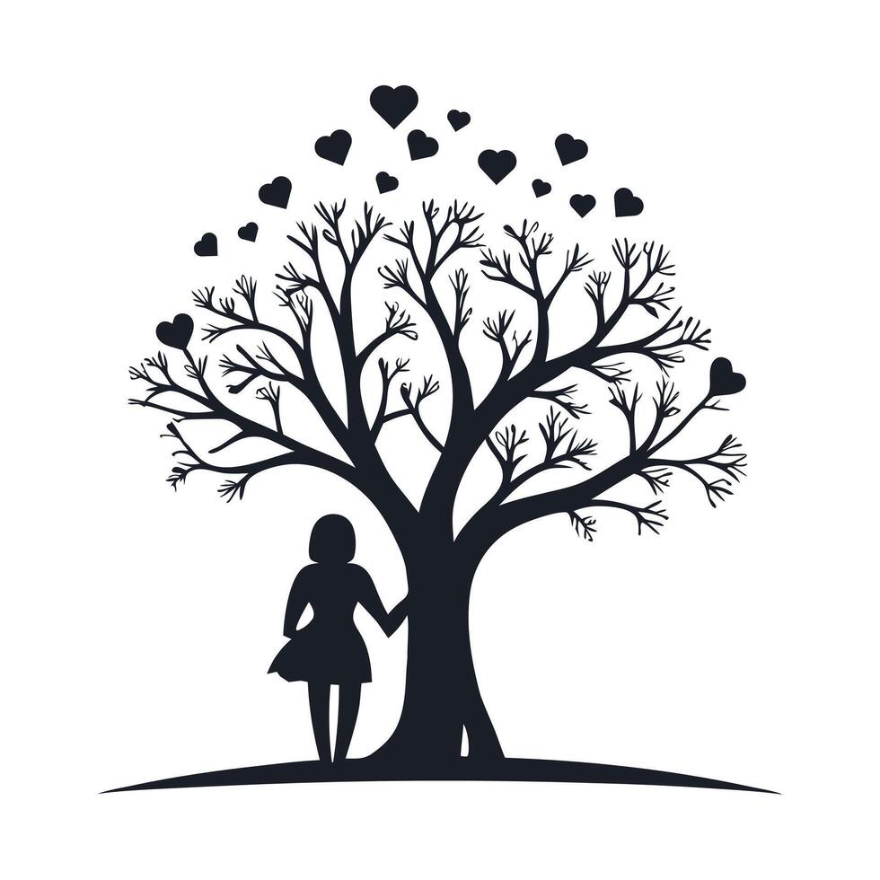 A girl stands on the love tree art illustration vector
