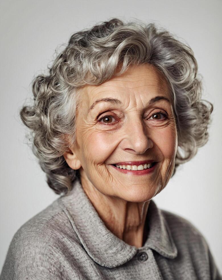Portrait of Fictional Elderly Woman with Silver-Gray Curls and Hazel Eyes photo