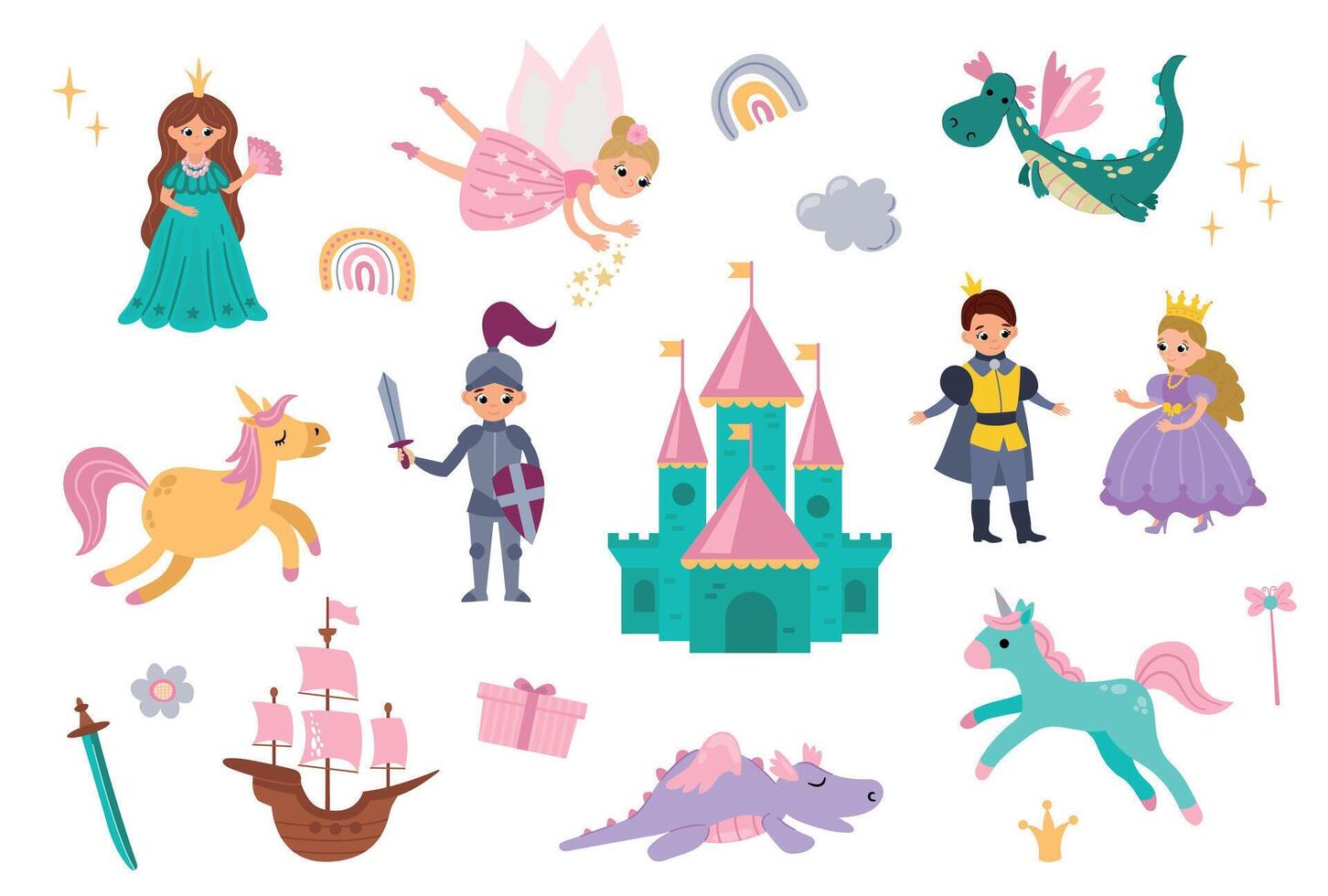 Set of hand drawn princess, prince, castle, dragon, unicorn and other details for children's design. vector