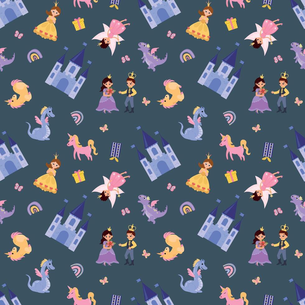 Seamless pattern with princesses, princes, unicorns, dragons and castles. Endless textures for your design vector