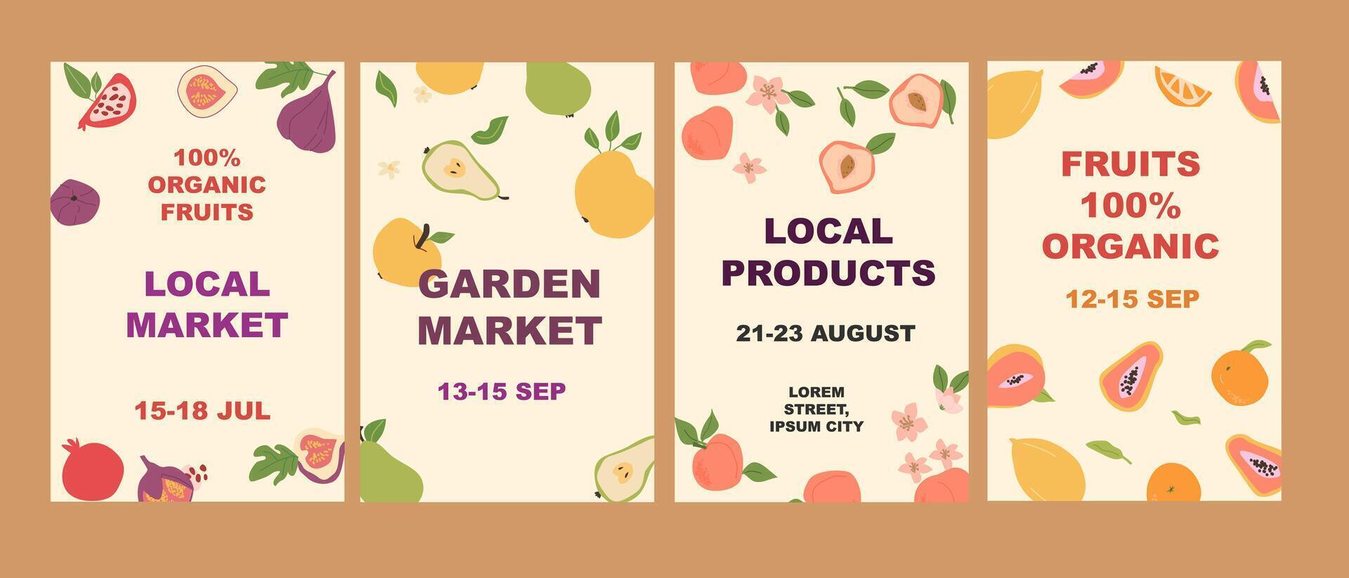 Colorful organic fruit market posters with event dates and locations. vector