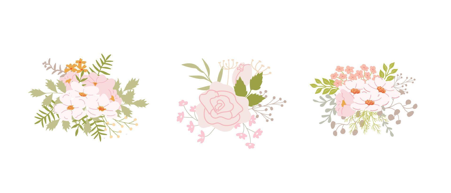 Delicate floral bouquets with pink roses and greenery. vector