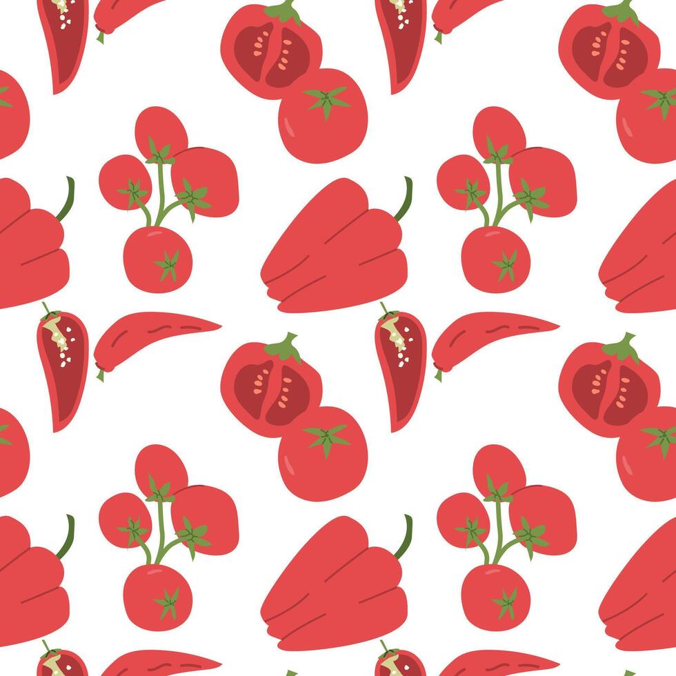 Seamless pattern of red tomatoes and peppers on white background. vector