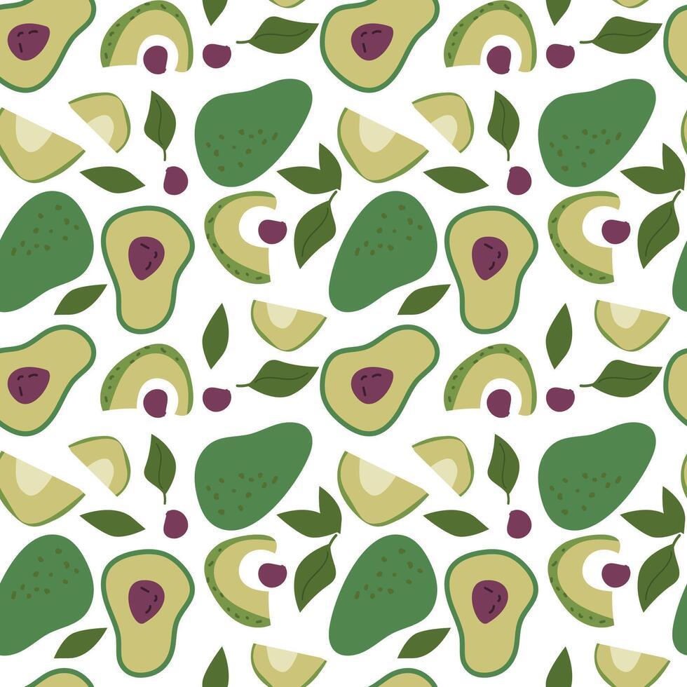 Seamless pattern of avocados and leaves on white background. vector