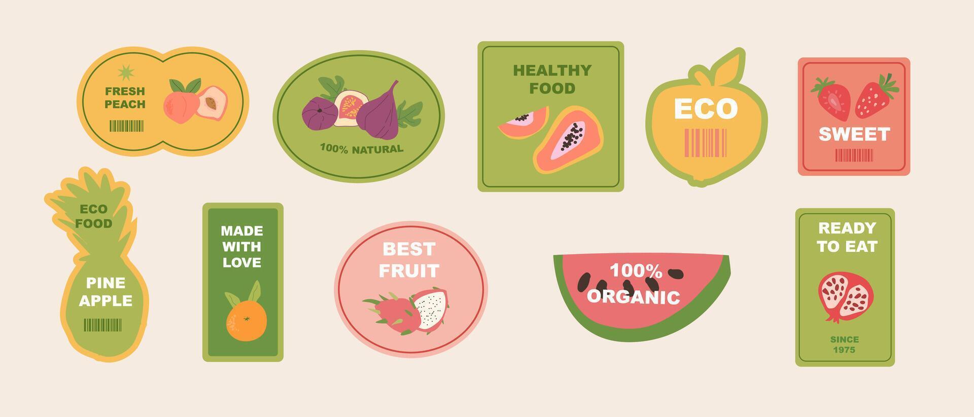 Colorful eco-friendly fruit labels for organic and natural products. vector