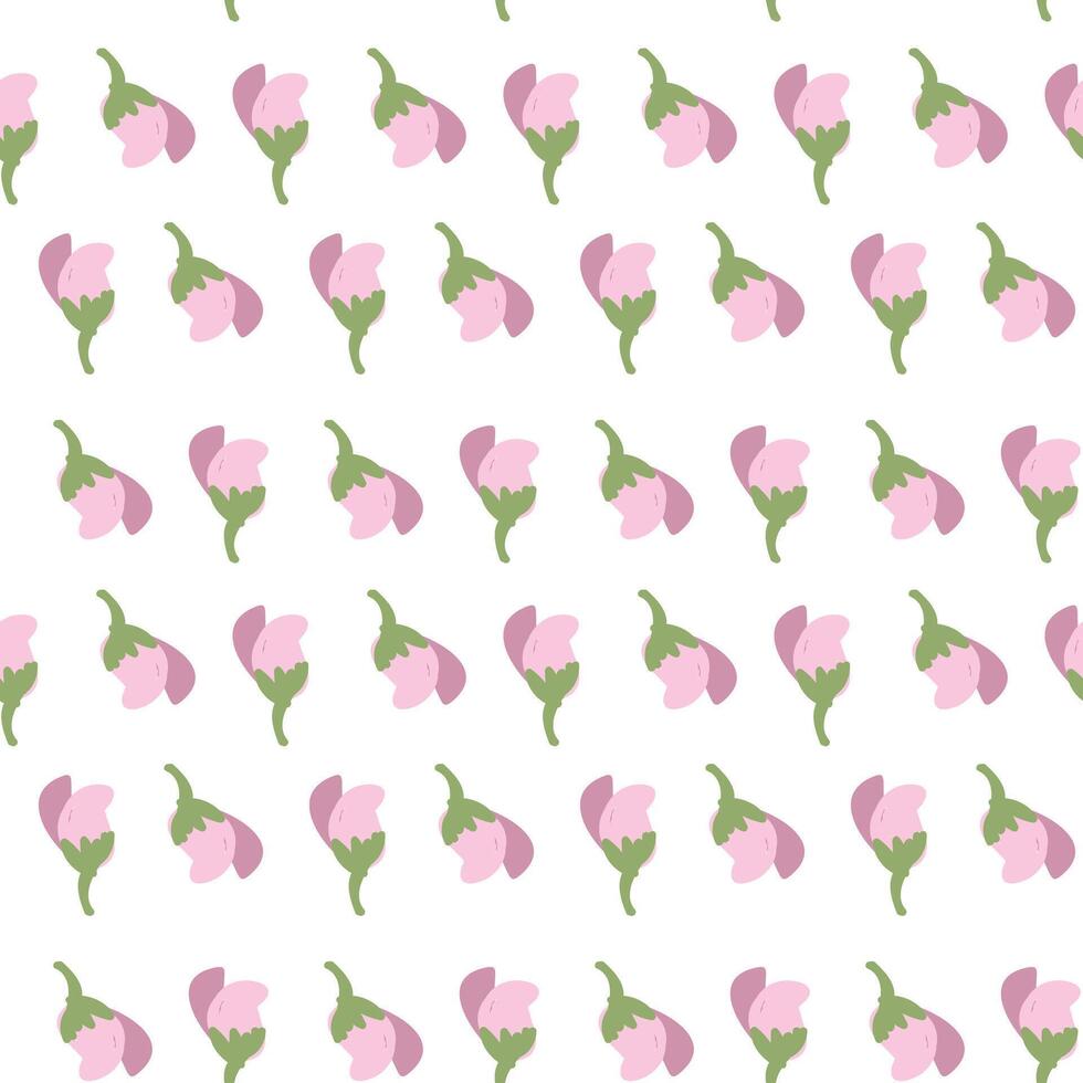 Seamless floral pattern with pink and green simple flowers on white background. vector