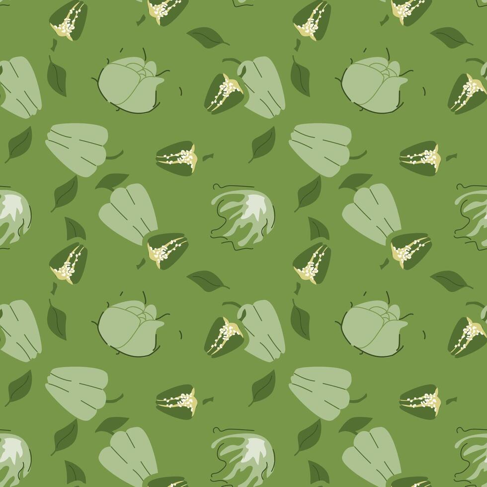 Green bell pepper and leaf pattern on olive background. vector