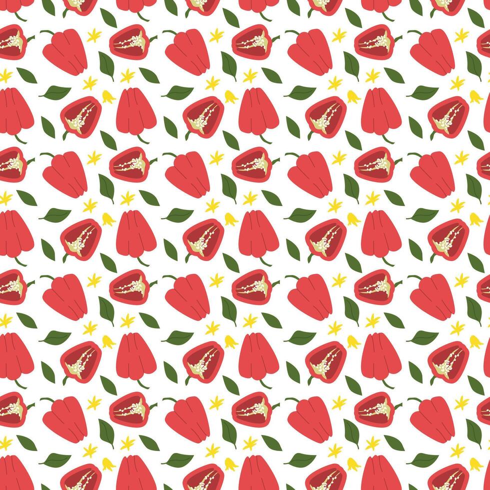 Seamless pattern of red bell peppers and green leaves on white background. vector