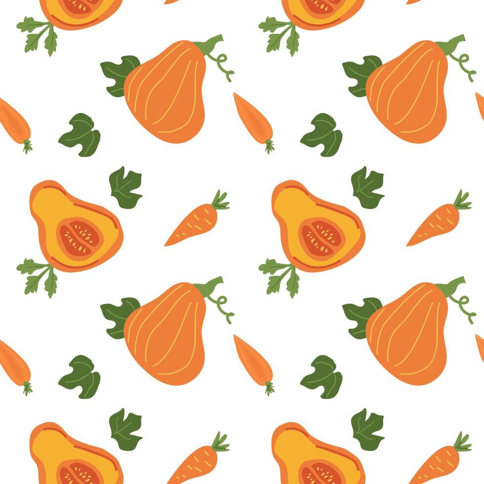 Seamless pattern of butternut squash and carrots on white background. vector