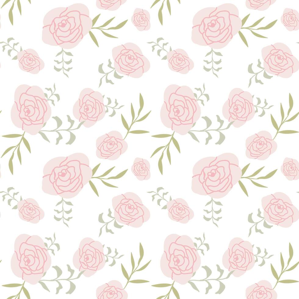 Soft pink roses and green leafy pattern on a white background. vector