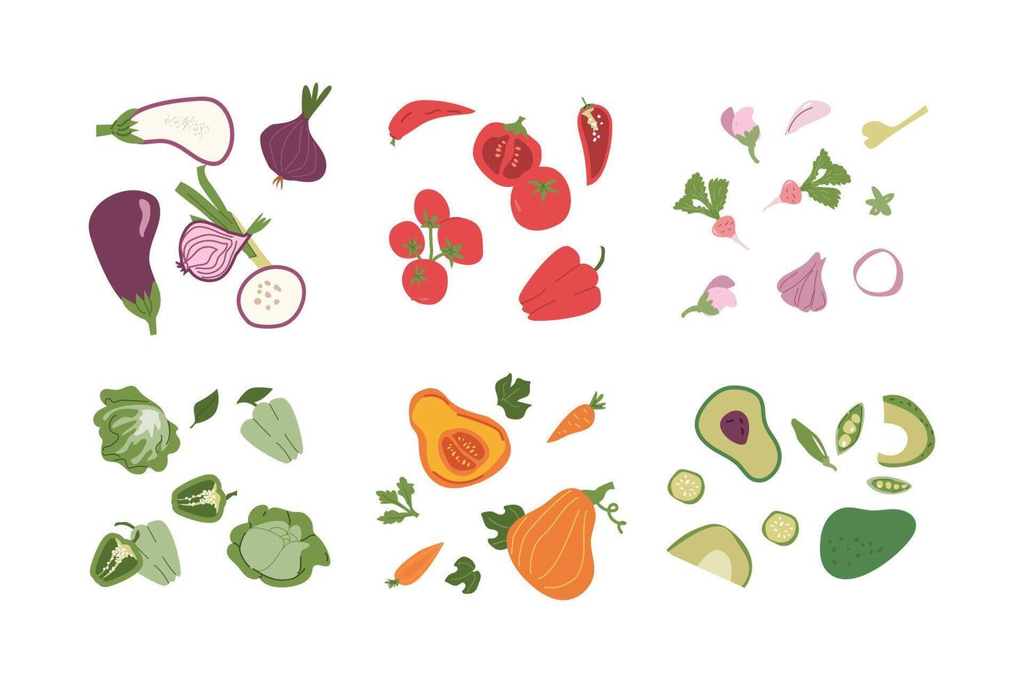 Colorful vegetable collection featuring eggplant, tomato, bell pepper, and avocado. vector