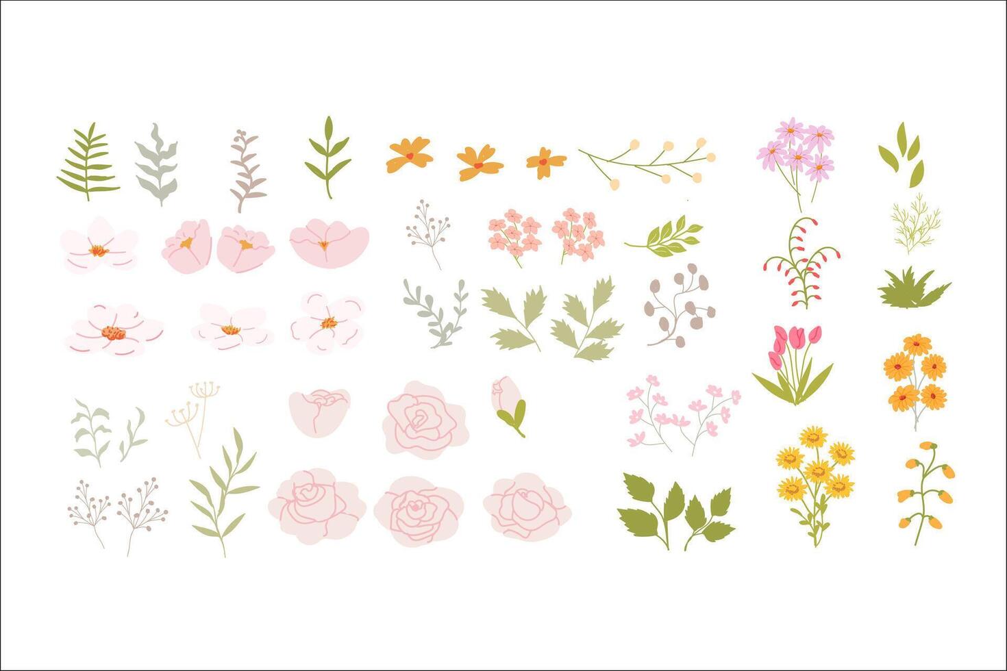 Colorful collection of floral elements and leaves on white background. vector
