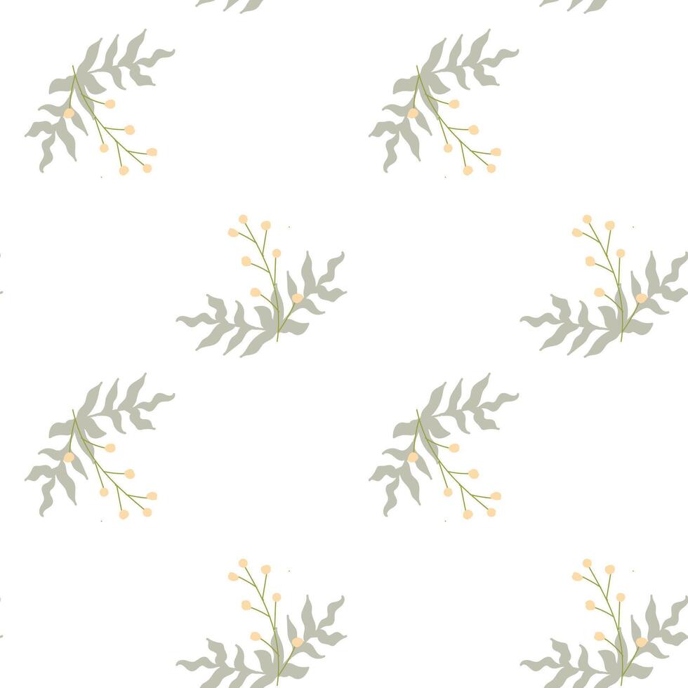 Seamless pattern of delicate green leaves and yellow buds on white background. vector
