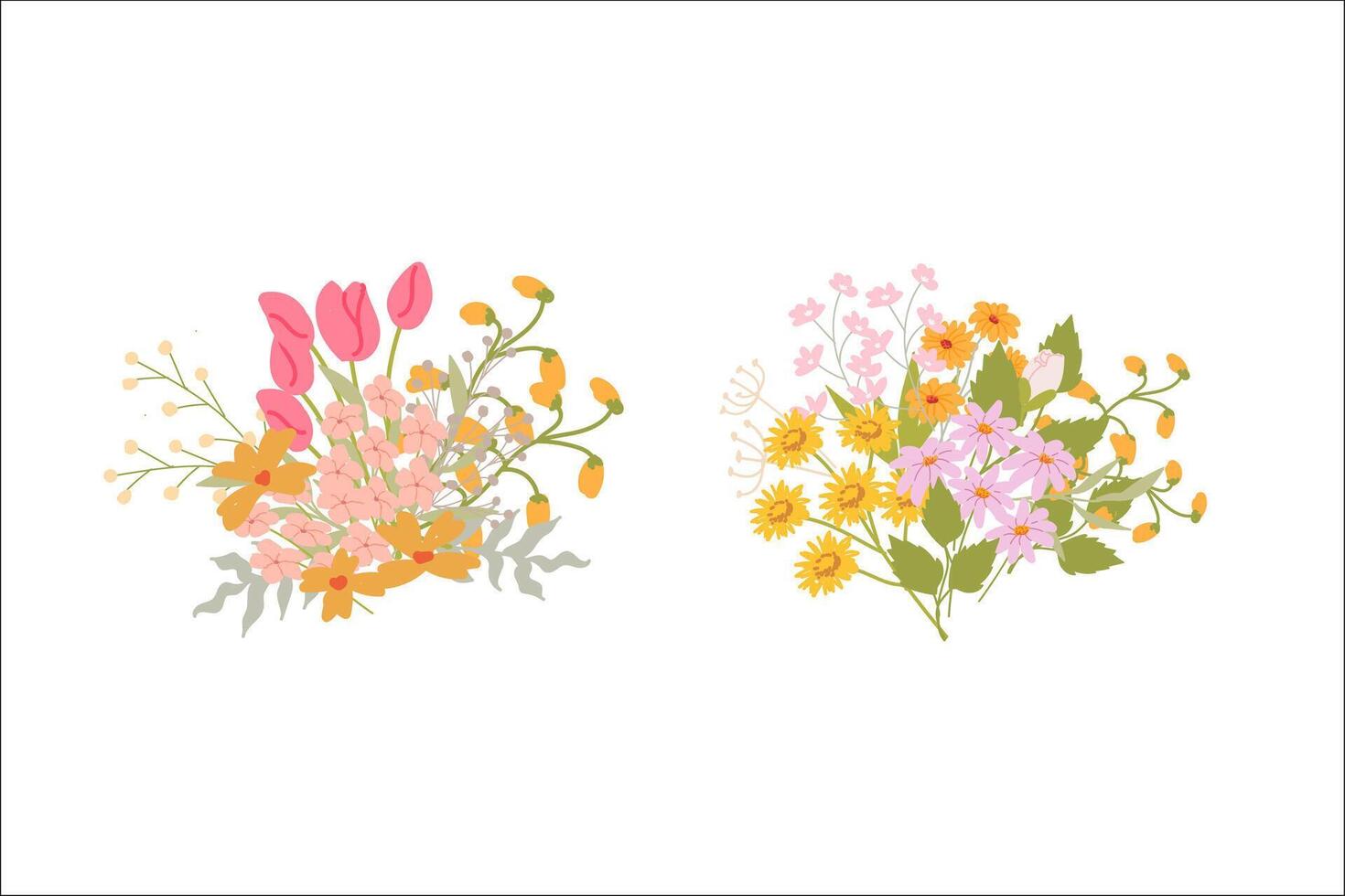 Colorful floral arrangements with pink and yellow blooms on white background. vector