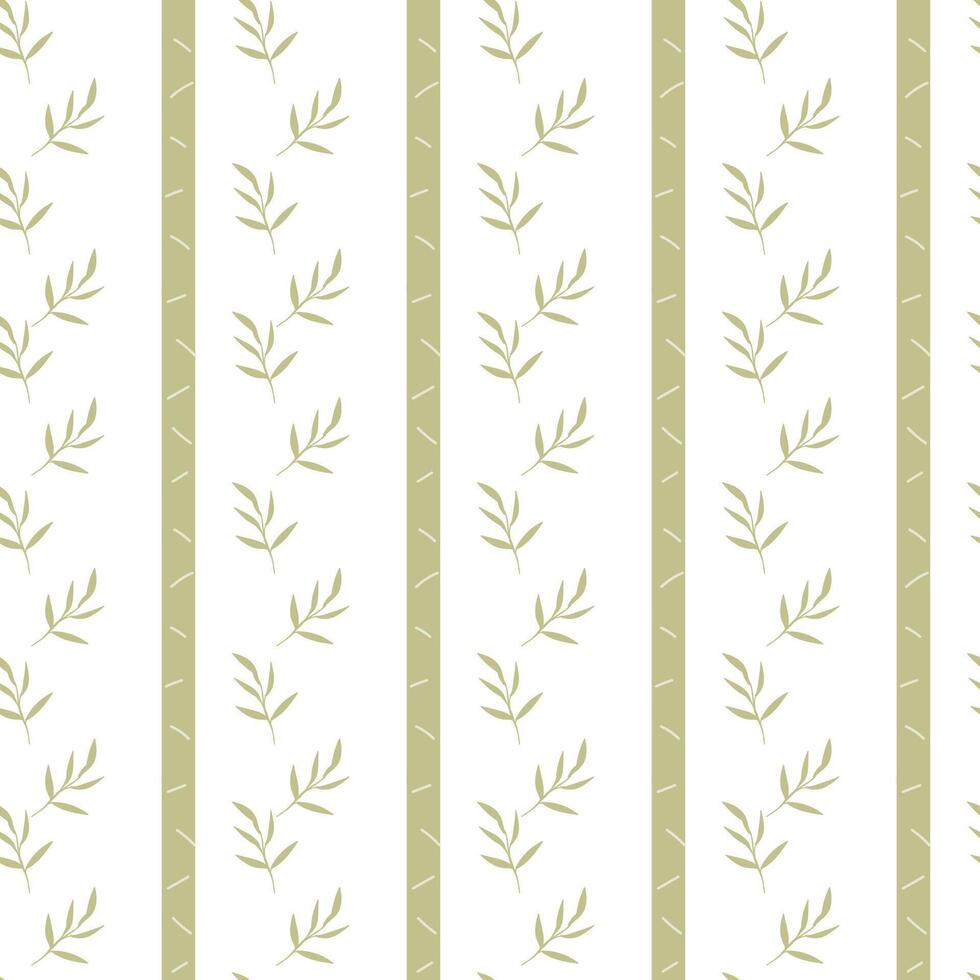 Seamless pattern of olive green leaves on striped background. vector