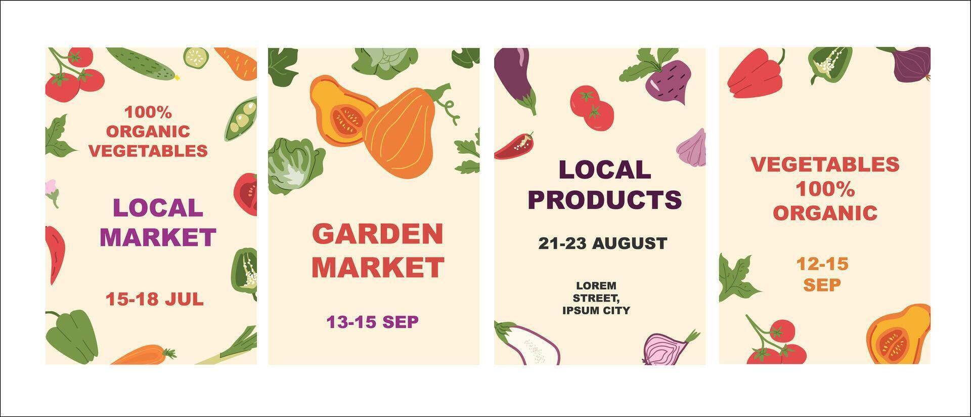 Organic vegetable market posters with dates and fresh produce. vector
