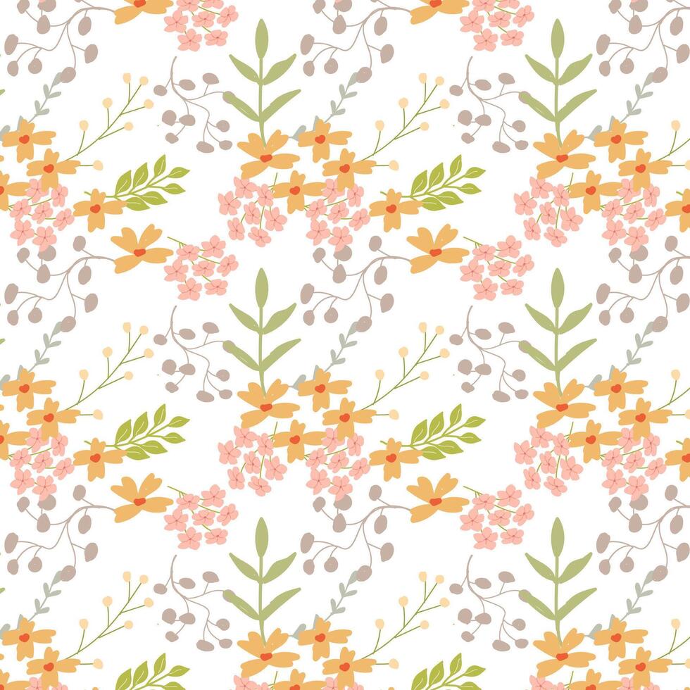 Seamless pastel floral pattern with delicate pink and orange flowers on white background. vector