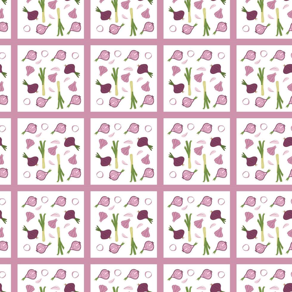Seamless pattern of pink and green floral motifs on white grid background. vector