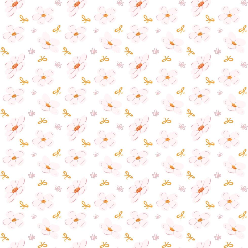 Elegant floral pattern with pink blossoms and orange accents on light background. vector