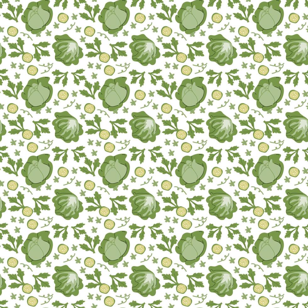 Green cabbage and zucchini seamless pattern on white background. vector