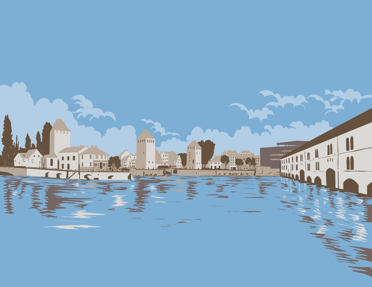 Ponts Couverts and Barrage Vauban on River III Strasbourg France WPA Poster Art vector