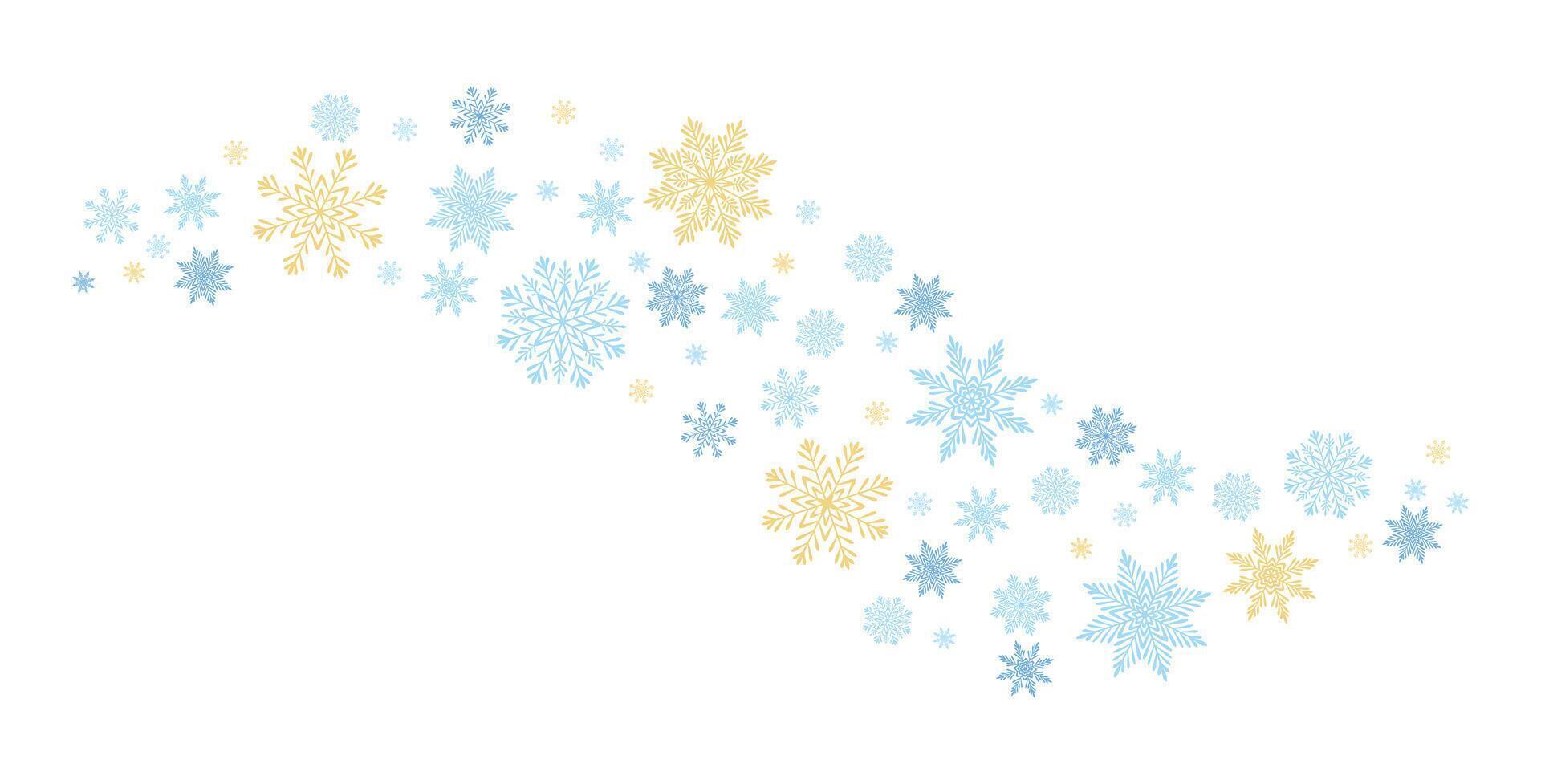 Background with snowflakes of different sizes in the form of a wave in cartoon style. Illustration of winter snowflakes of blue, gold and dark blue isolated on white background. Blizzard. vector