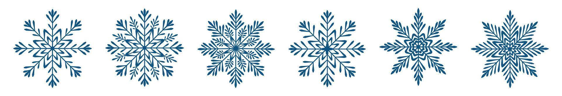 Set of dark blue snowflakes in cartoon style. Flat illustration of cute winter snowflakes of different shapes isolated on white background. Holiday. New Year. Christmas. Snowfall. vector