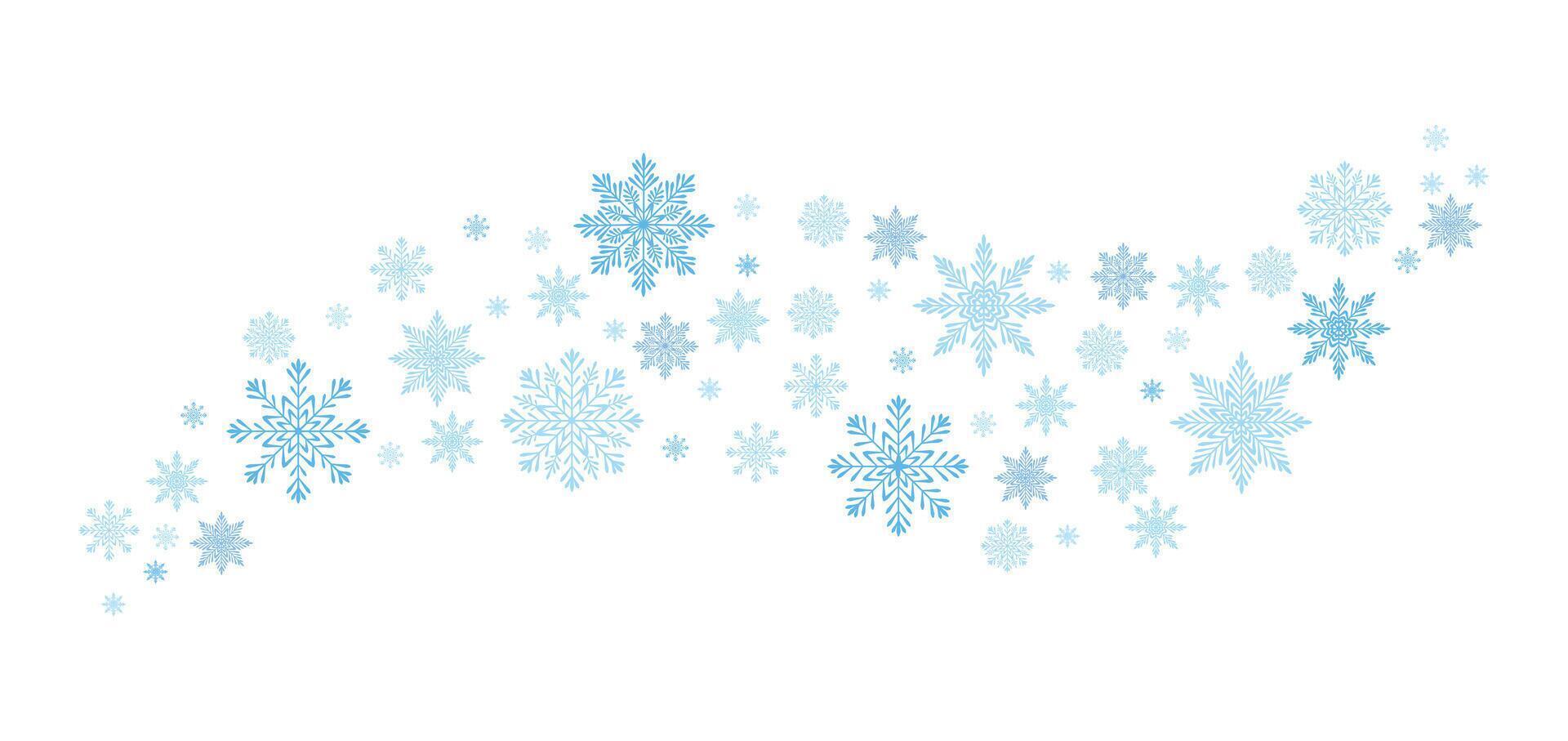 Background with snowflakes in the form of a wave in cartoon style. Flat illustration of winter snowflakes of blue and dark blue isolated on white background. Wind whirlwind. Blizzard. Snowfall. vector