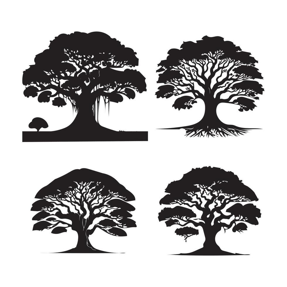 High-Quality Banyan Tree Silhouettes in Black vector