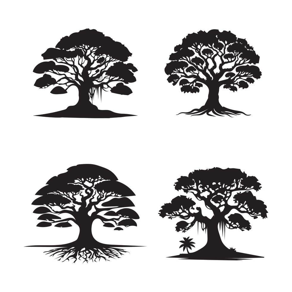 Minimalist Black Banyan Tree Silhouettes on White vector