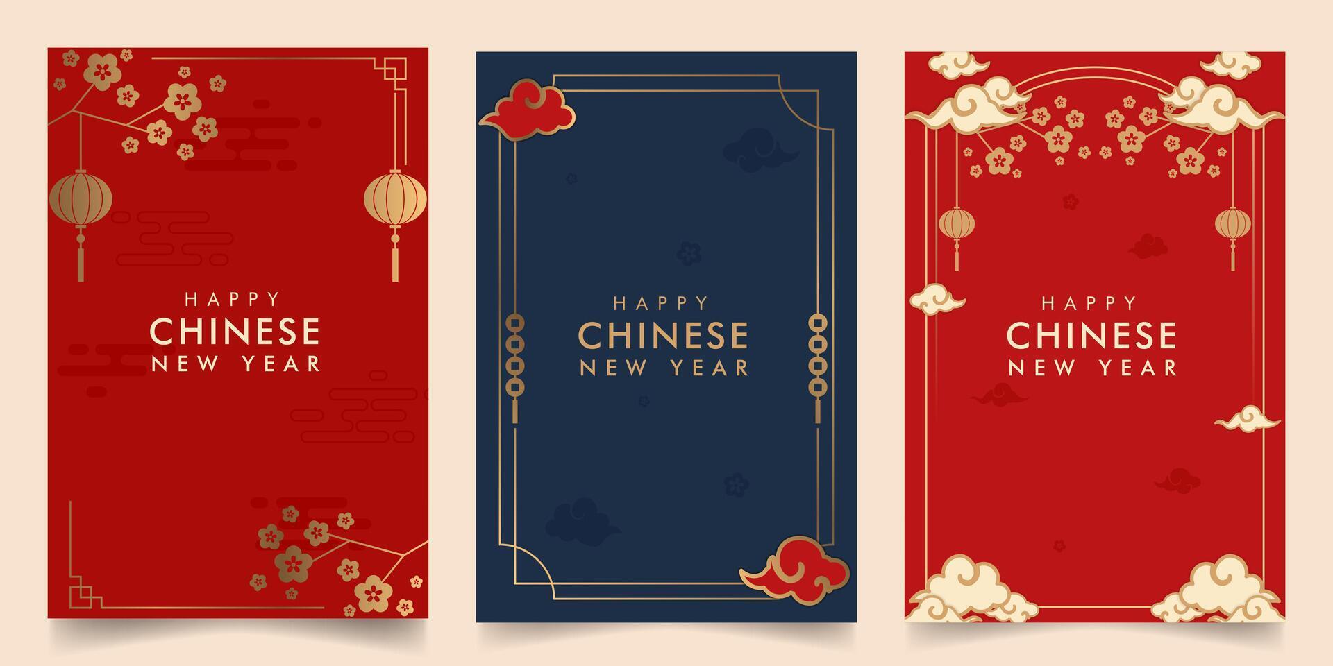 Premium simple Chinese lunar new year graphic design in red, gold and blue set. For festival, poster, greeting, invitation vector