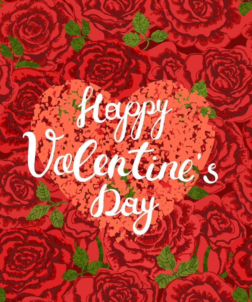 Colorful Valentines Day Greeting Card with Illustration of Red Rose and Handwriting Lettering - Happy Valentine's day vector