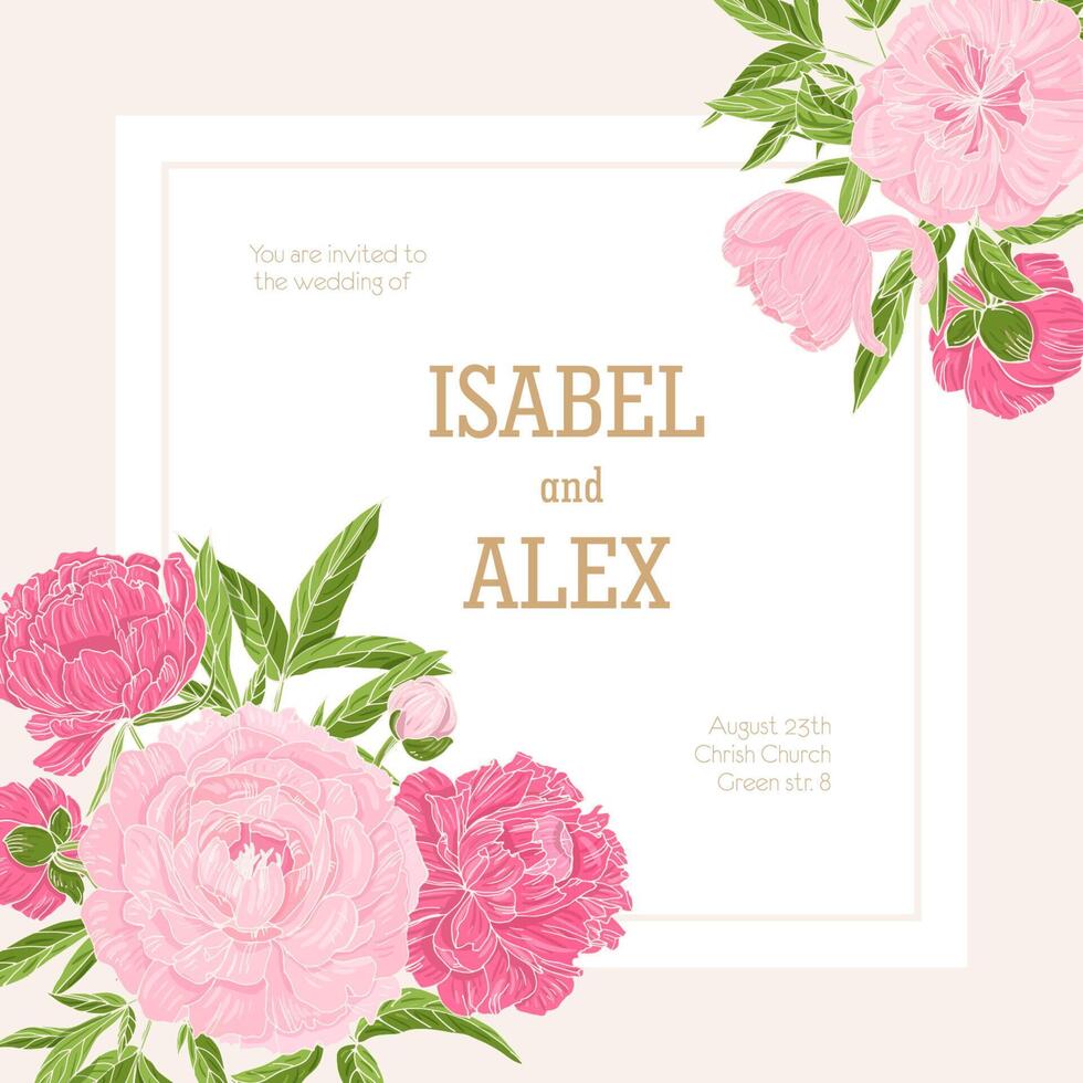 Square wedding invitation template decorated with blossoming pink peony flowers. Gorgeous garden flowering plants. Natural illustration in beautiful retro style for event celebration. vector