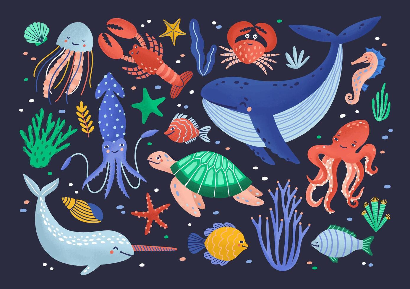 Collection of cute funny smiling marine animals - mammals, reptiles, molluscs, crustaceans, fish and jellyfish isolated on dark background. Sea and ocean fauna. Flat cartoon illustration. vector