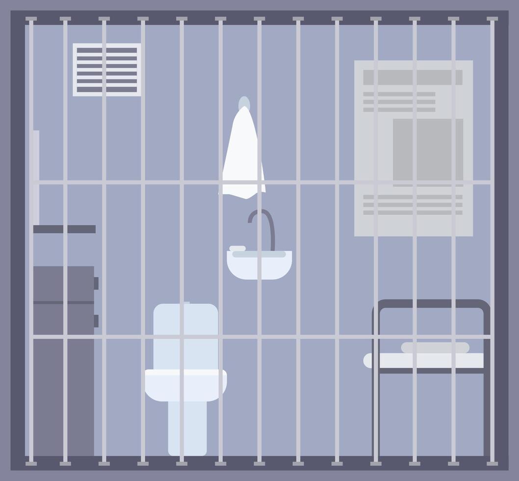 Empty prison, jail or detention center room with bed, toilet and sink and other facilities behind bars or grid. Place for imprisonment or punishment. Flat cartoon colorful illustration. vector