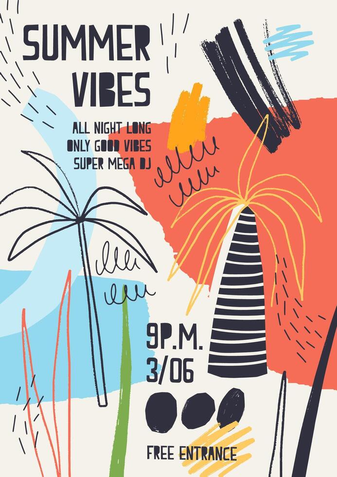 Colorful invitation or poster template decorated with tropical palm trees, paint stains, blots and scribble for summer open air dance party. illustration for summertime event advertising. vector