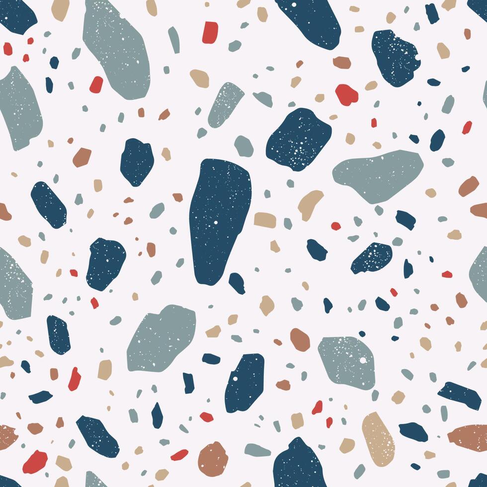 Decorative terrazzo texture. Seamless pattern with colorful mineral rock fragments scattered on white background. Modern illustration for backdrop, wrapping paper, wallpaper, flooring. vector