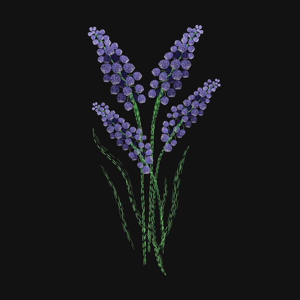 Lavender flower embroidered with purple and green stitches on black background. Gorgeous embroidery design with aromatic herb or flowering plant. Needlework or fancywork. illustration. vector