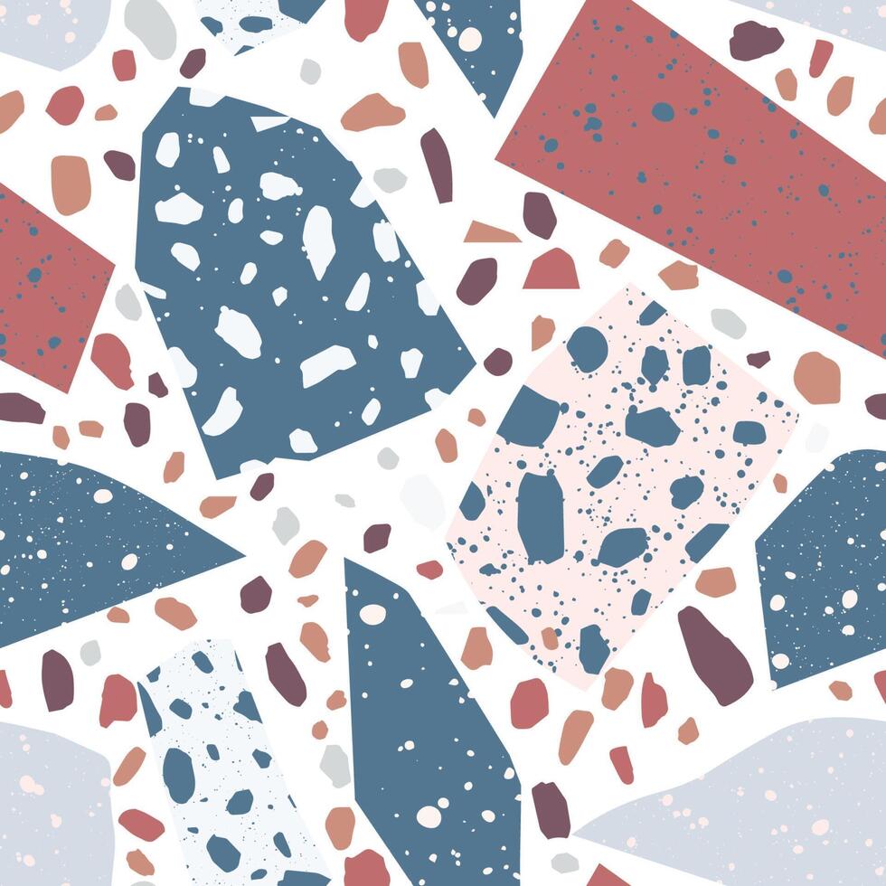 Terrazzo geometric texture. Seamless pattern with colorful splinters or sprinkles scattered on white background. Creative illustration for backdrop, textile print, wrapping paper, flooring. vector