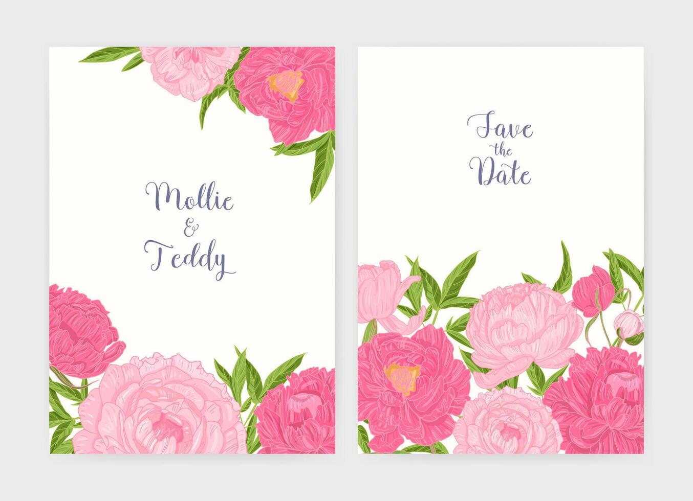 Bundle of wedding invitation and Save The Date card templates decorated with tender blooming pink peony flowers. Beautiful floral illustration in elegant vintage style for event celebration. vector